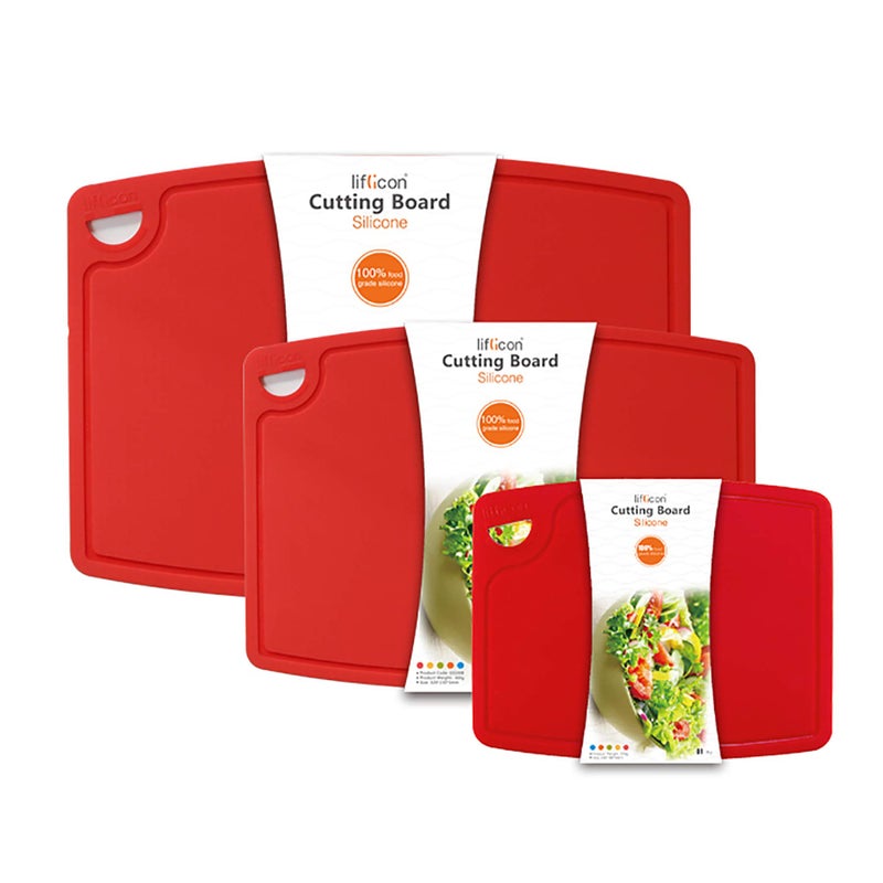 Liflicon Silicone Thick Cutting Boards Mats Set of 3pcs Foldable & Flexible Design Juice Grooves Easy Grip Handle Dishwasher Safe for Kitchen,BPA free Silicone Cutting Boards/Mats-Red - Image 1